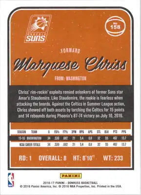 2016-17 Donruss #158 Marquese Chriss Rookie Phoenix Suns Basketball Card NM-MT