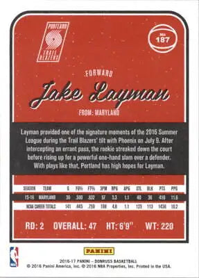 Jake Layman Rookie basketball card from 2016-17 Donruss, Portland Trail Blazers memorabilia