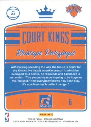 Back of 2016-17 Donruss Court Kings #23 Kristaps Porzingis New York Knicks card