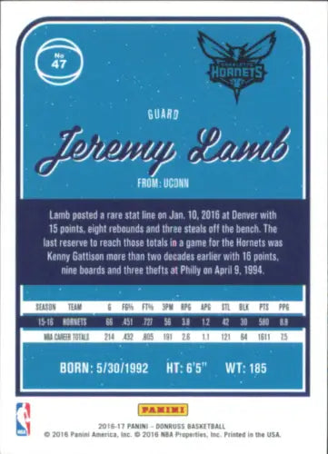 Basketball card back of 2016-17 Donruss Holo Laser Green and Yellow Jeremy Lamb Card