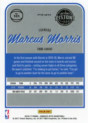 Marcus Morris 2016-17 Donruss Optic Purple basketball card from Detroit Pistons