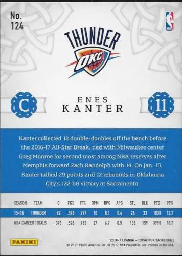 2016-17 Panini Excalibur Enes Kanter basketball card with original gloss, NrMt-Mt condition