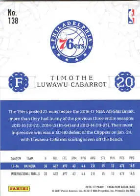 Back of 2016-17 Panini Excalibur Timothe Luwawu-Cabarrot 76ers Rookie NBA card