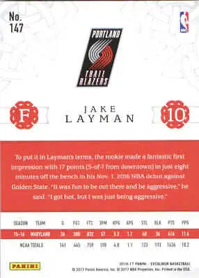 Basketball card back of 2016-17 Panini Excalibur Jake Layman Portland Trail Blazers Rookie