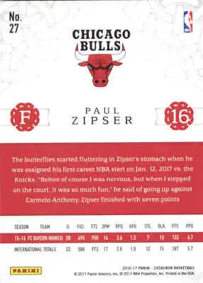 Paul Zipser Chicago Bulls Rookie Card from 2016-17 Panini Excalibur in NM-MT condition