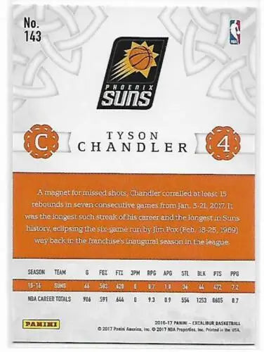 Basketball card back of 2016-17 Panini Excalibur Lord #143 Tyson Chandler NM-MT Suns