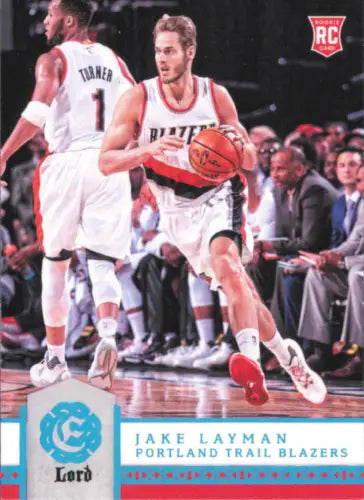 Jake Layman basketball card from 2016-17 Panini Excalibur Lord #147, Trail Blazers NBA