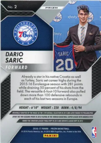 Dario Saric basketball card from 2016-17 Panini Prizm Green Philadelphia 76ers