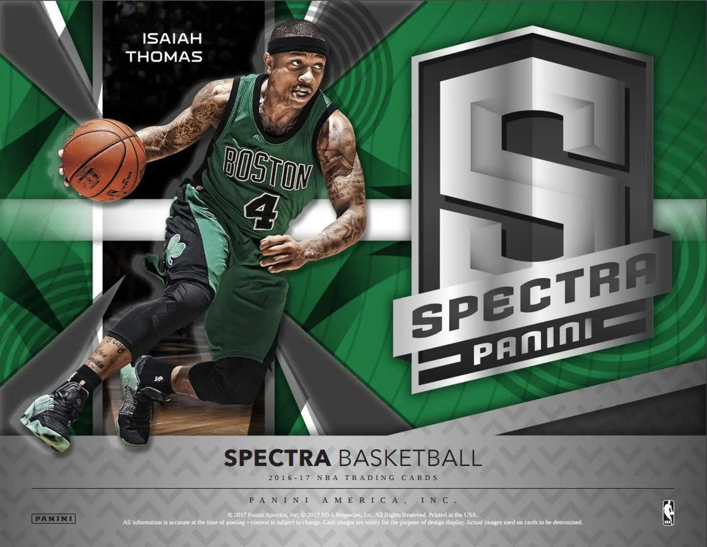 Boston Celtics player rookie jersey card number 4 in 2016-17 Panini Spectra box