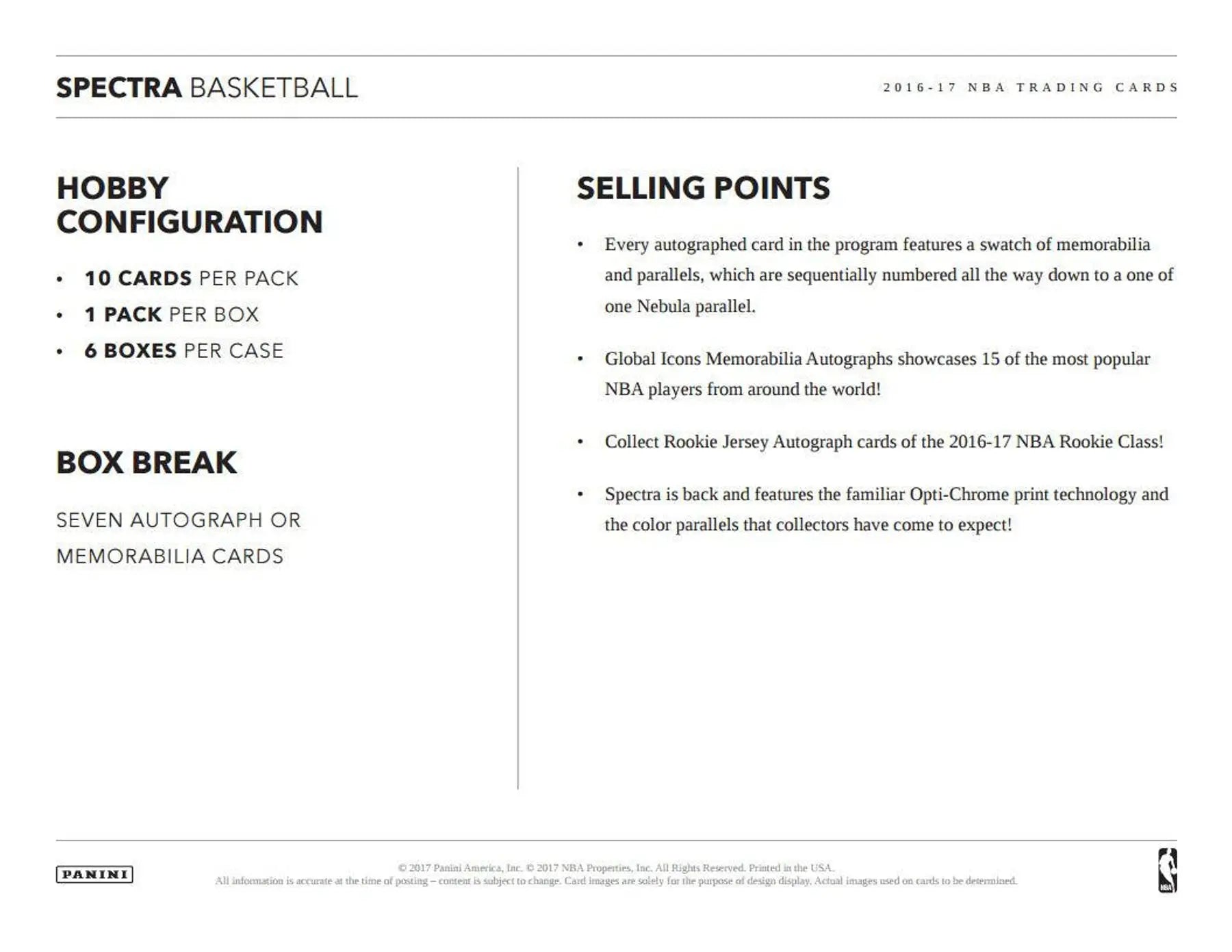 Product information card for 2016-17 Panini Spectra Basketball with rookie jersey details