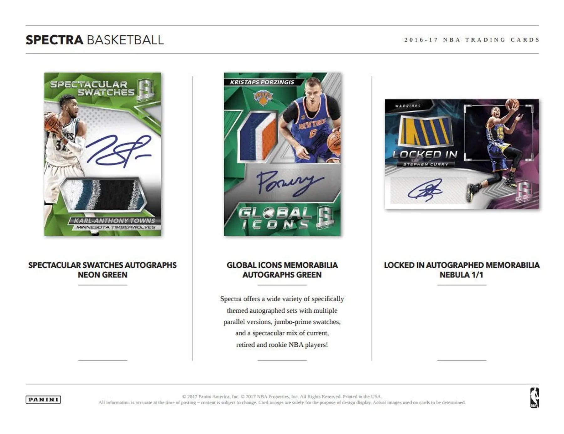 Product advertisement page for 2016-17 Panini Spectra featuring rookie jersey autographs