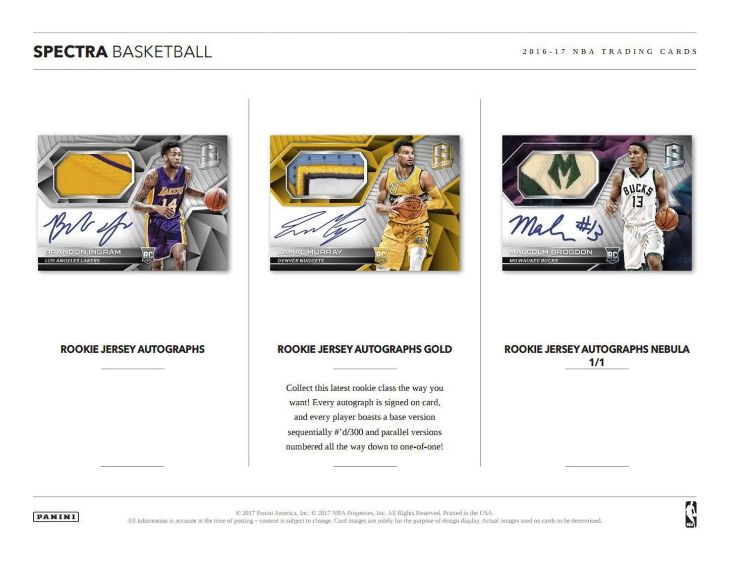 NBA basketball trading cards with rookie jersey autographs and patches from 2016-17 Panini Spectra