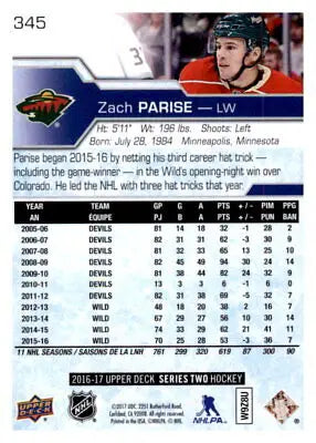 Zach Parise Minnesota Wild Hockey Card from 2016-17 Upper Deck with career statistics