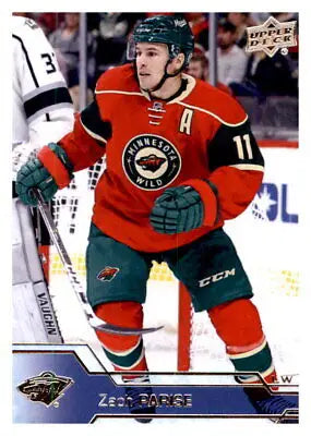 Zach Parise of the Minnesota Wild in red and green jersey, Upper Deck hockey card