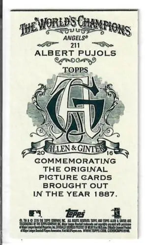 Albert Pujols 2016 Ginter Mini A and G Back baseball card with original gloss finish