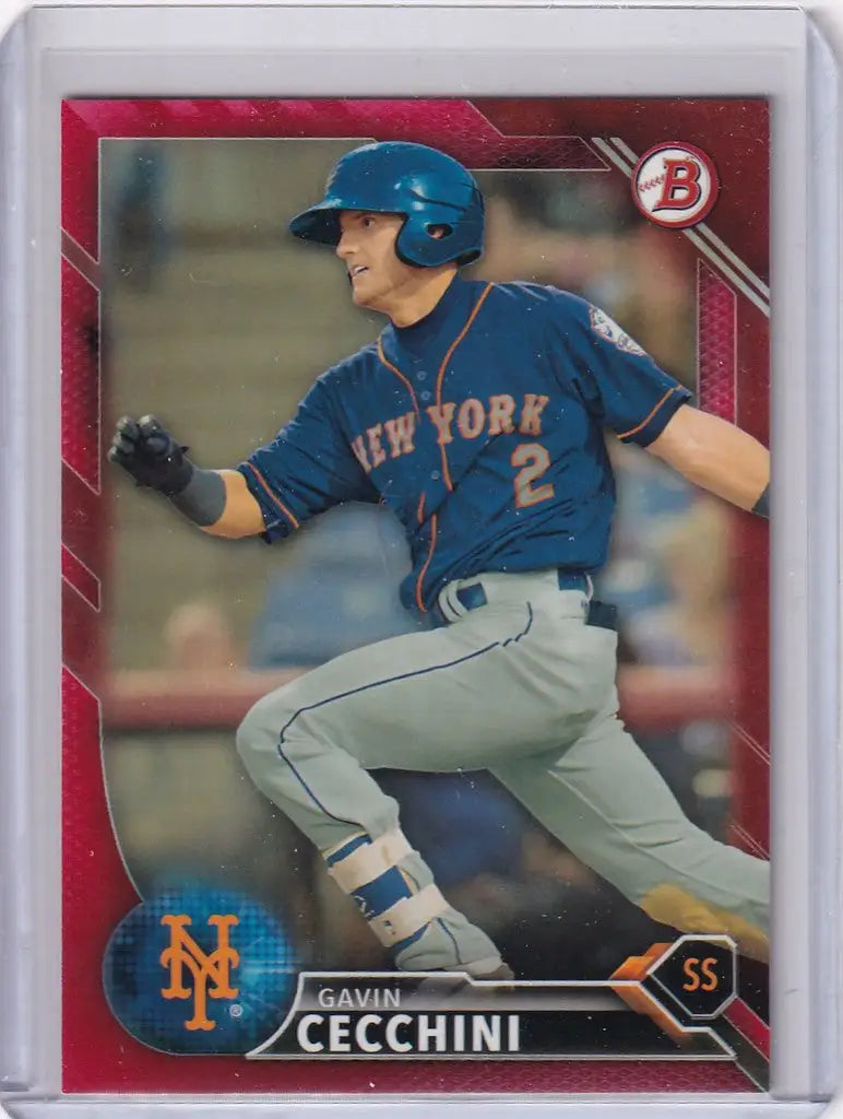 Baseball card of Gavin Cecchini in batting stance, 2016 Bowman Red BP93, New York Mets