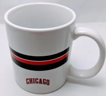 White mug with black and red stripes featuring Chicago Bulls NBA logo