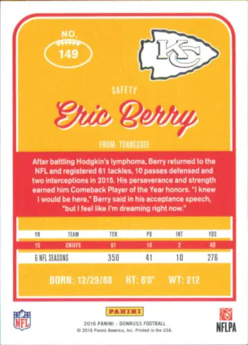 Eric Berry Kansas City Chiefs football card 2016 Donruss #149 NM-MT condition