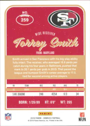 Torrey Smith 2016 Donruss football card featuring San Francisco 49ers player