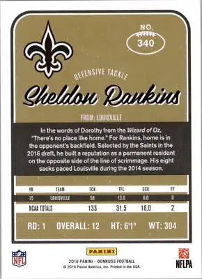 Sheldon Rankins Rookie Football Card 2016 Donruss #340 New Orleans Saints NM-MT