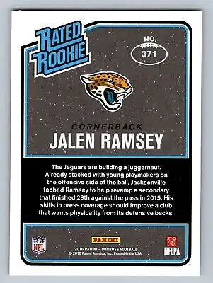 Jalen Ramsey Rated Rookie card from 2016 Donruss #371 showcasing his NFL debut