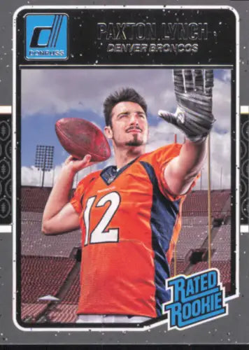 Football trading card of Paxton Lynch in Denver Broncos orange jersey #12 ready to pass