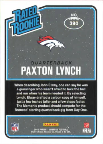 Paxton Lynch rookie card from 2016 Donruss featuring Denver Broncos quarterback