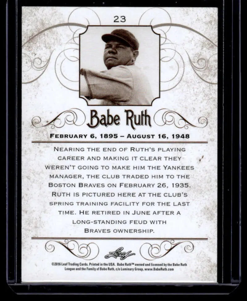 Black and white vintage baseball card of Babe Ruth from the Boston Braves Leaf Babe Ruth collection