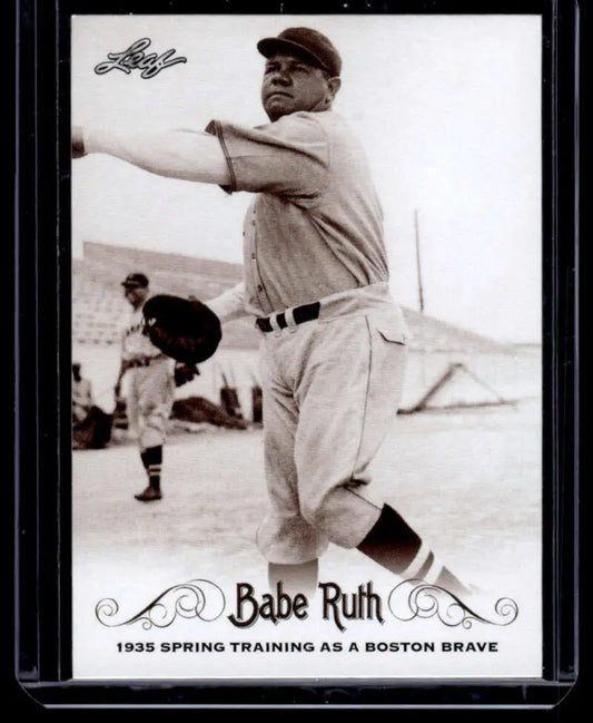 Black and white baseball card of Babe Ruth in batting stance during 1935 spring training