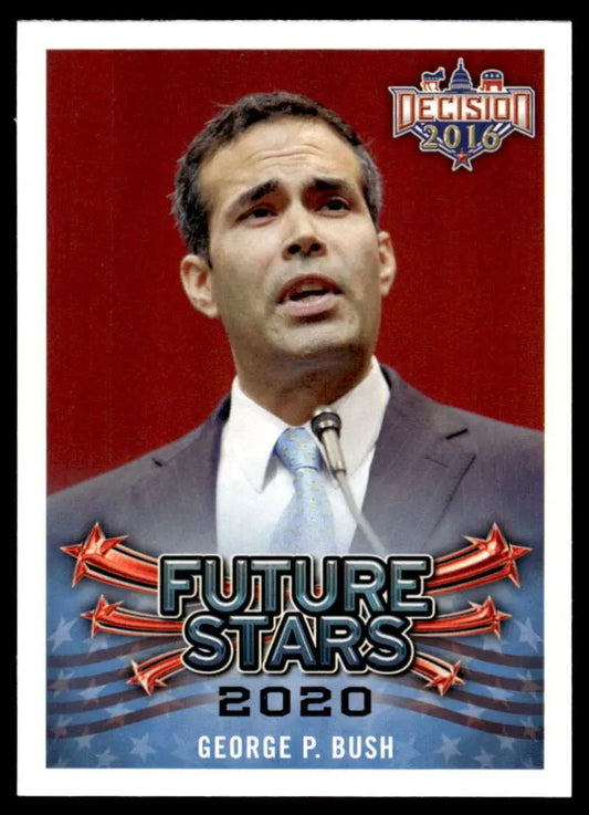 Political trading card of George P. Bush in gray suit and blue tie against red backdrop