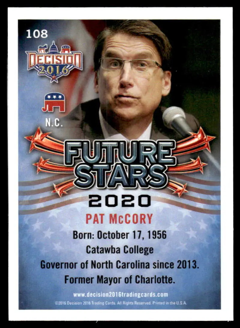 Trading card of Pat McCrory speaking at a microphone from Leaf Decision series