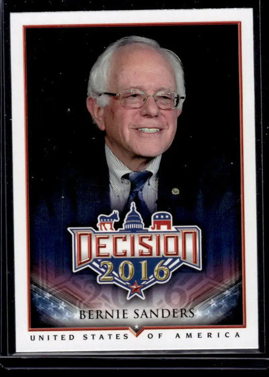 Bernie Sanders smiling in a suit on a 2016 Leaf Decision political trading card