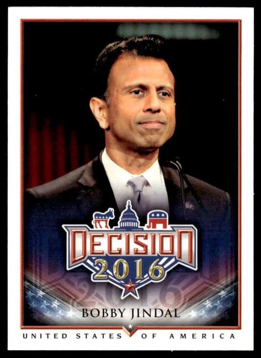 Political trading card featuring Decision 2016 logo and symbols for Bobby Jindal