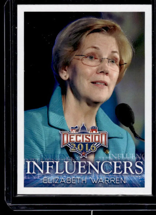 Political Trading Card of Elizabeth Warren in Turquoise Blazer at Microphone with Influencers Text