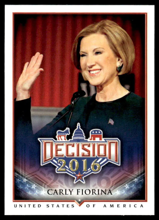 Carly Fiorina Political Trading Card from the 2016 election in a dark green outfit