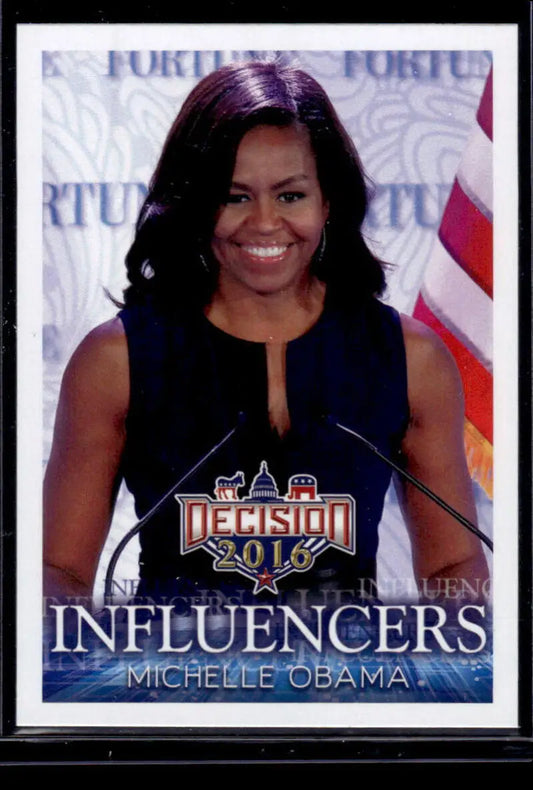 Michelle Obama in navy sleeveless dress on Decision 2016 backdrop, political trading card