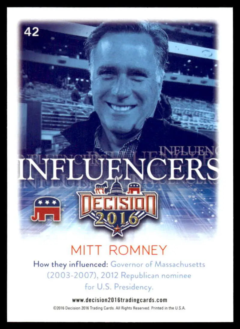 Trading card of Mitt Romney showcasing influencers and political achievements from Leaf Decision