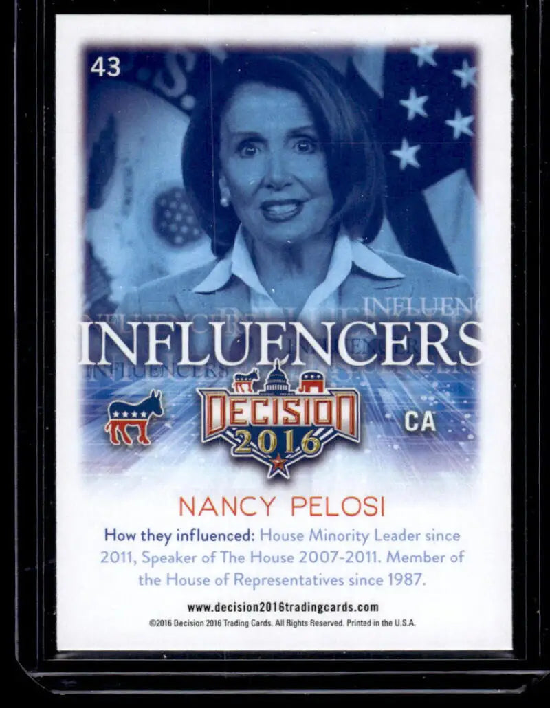 Trading card of Nancy Pelosi with Influencers theme and Democratic Party donkey logo