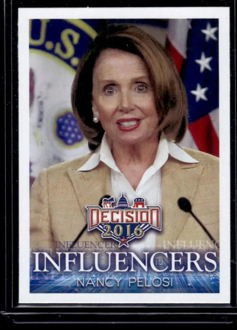 Political trading card of Nancy Pelosi in a tan blazer from the Decision 2016 series