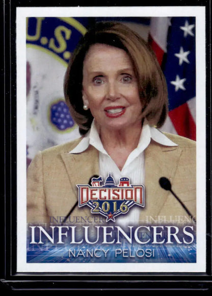 Political trading card of Nancy Pelosi in a tan blazer from the Decision 2016 series