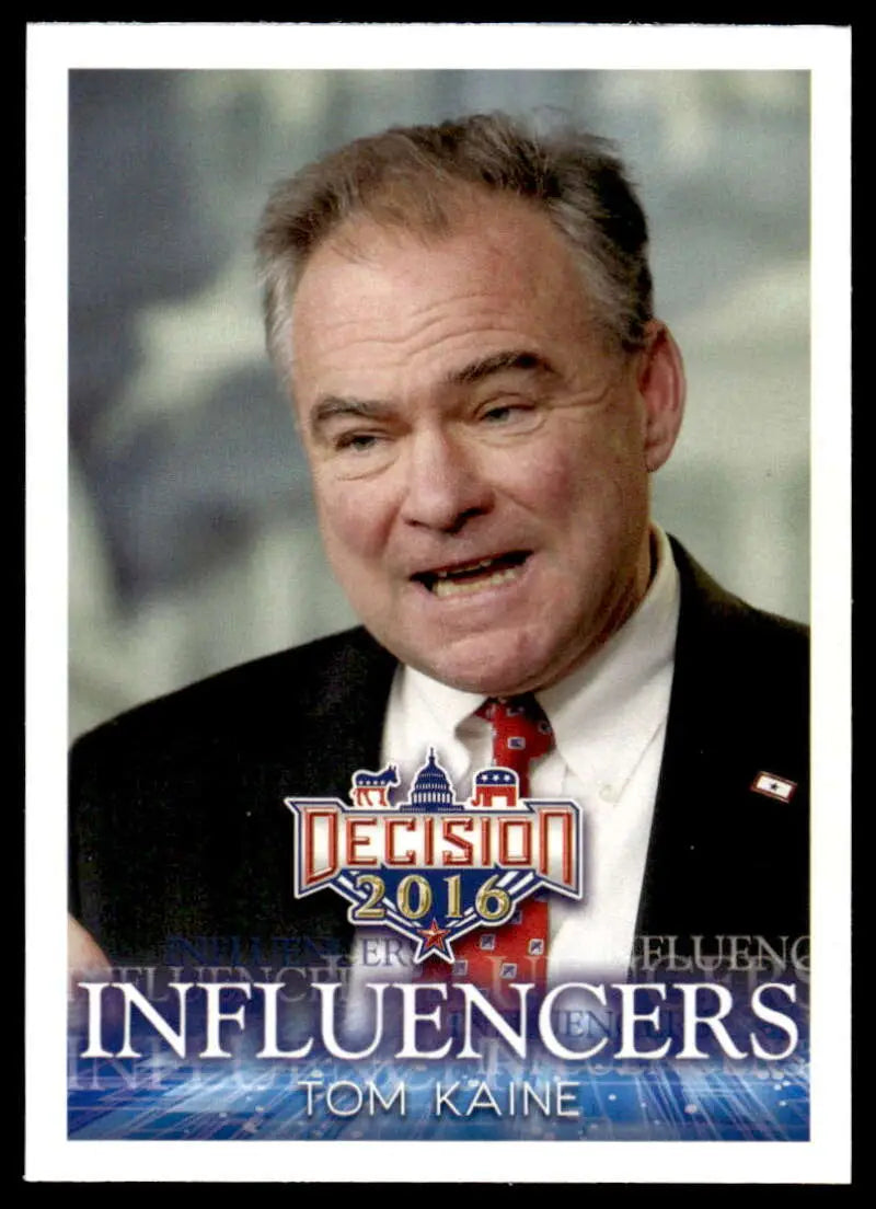 Tom Kaine in dark suit with red tie on 2016 Leaf Decision trading card