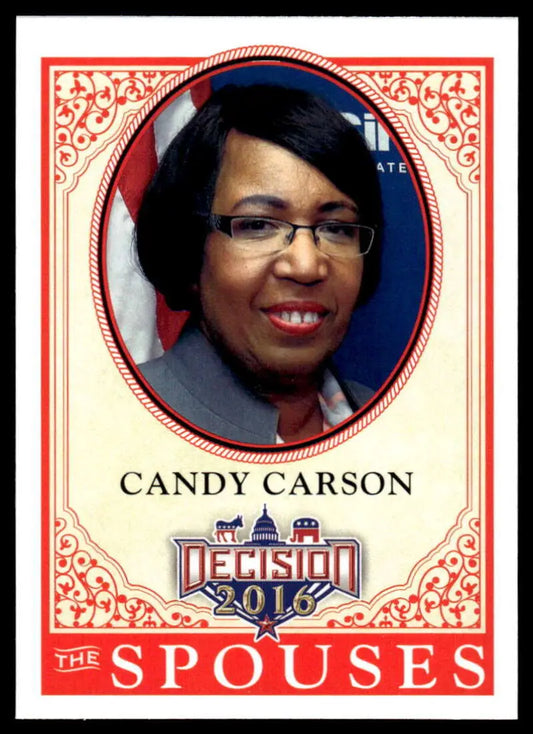 Candy Carson political trading card with oval portrait and decorative red border design