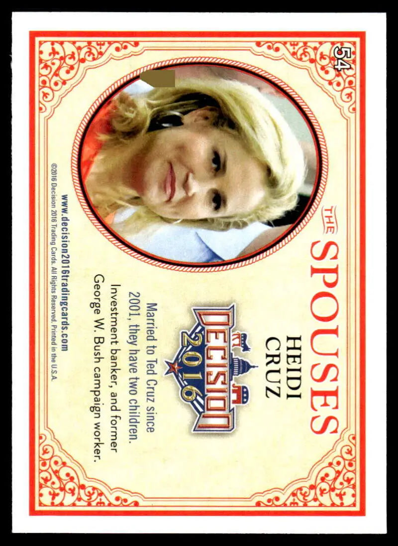 Vintage sports trading card featuring Heidi Cruz from Leaf Decision 2016 with red border