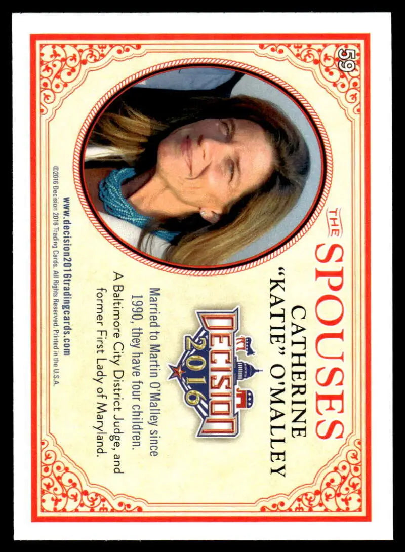 Trading card featuring ornate red border and oval portrait of Katie O’Malley from Leaf Decision