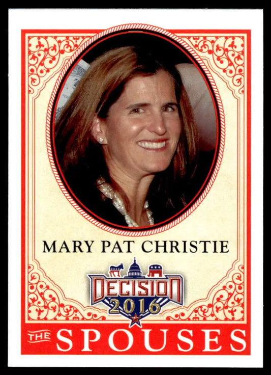 Mary Pat Christie trading card with ornate red and white border design