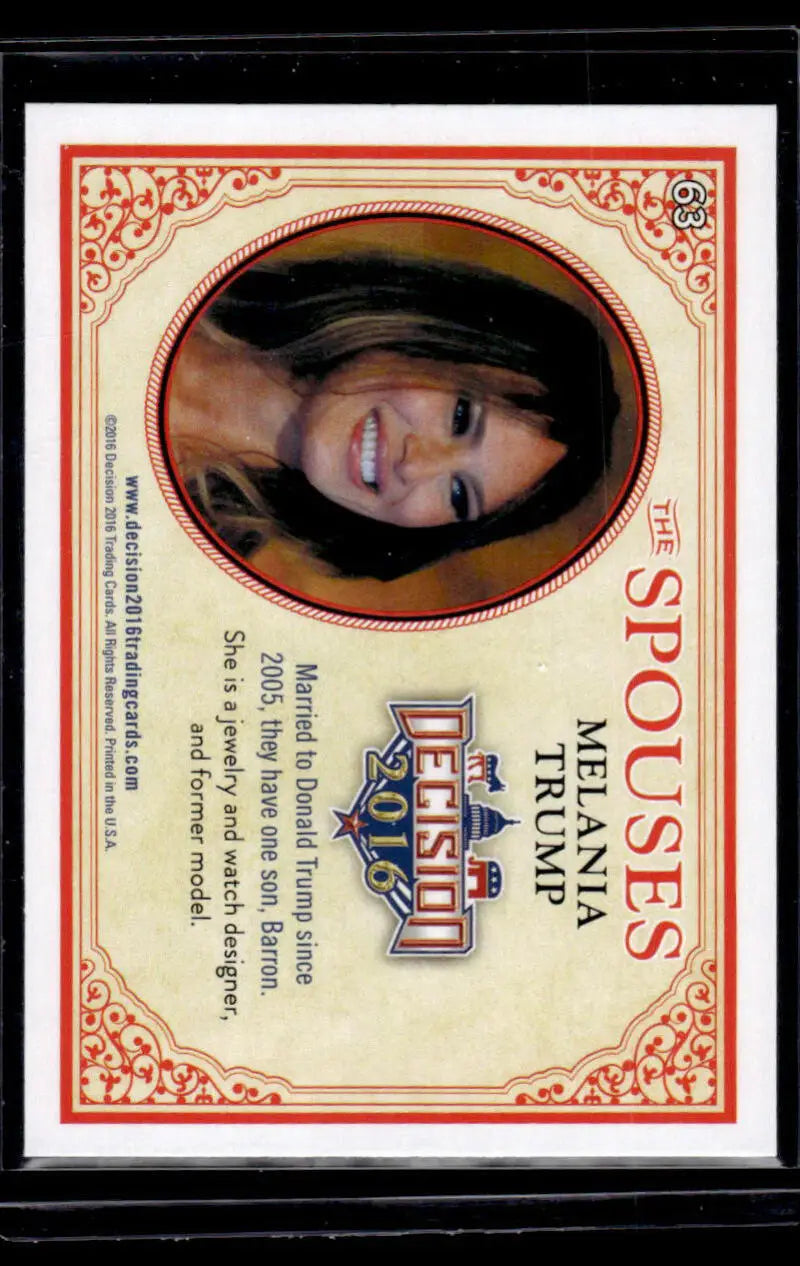 Trading card featuring Melania Trump with ornate red border and oval portrait window