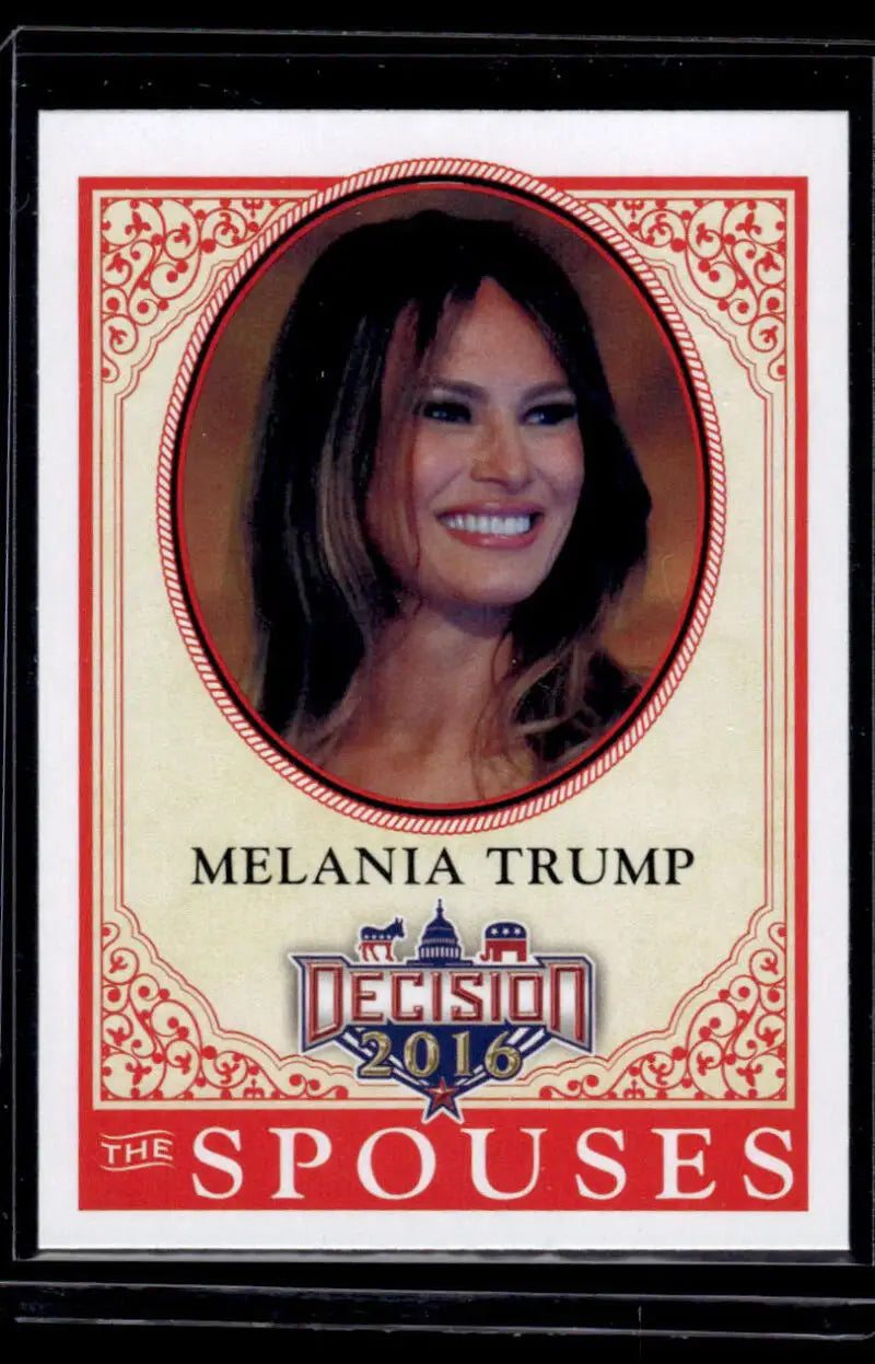 Decorative trading card featuring Melania Trump within red border labeled THE SPOUSES