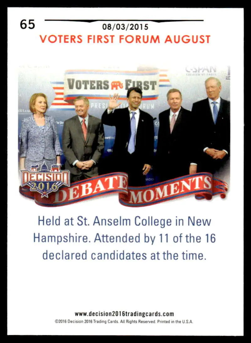 Political trading card featuring the August 2015 Voters First Forum at St. Anselm College