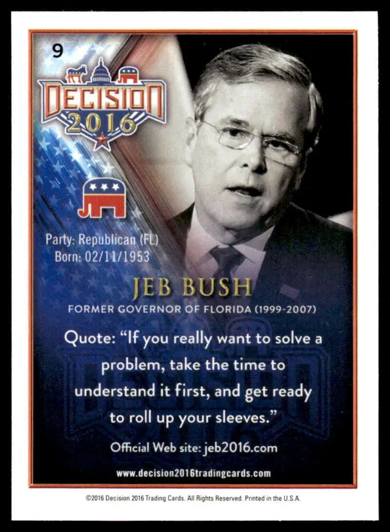 Campaign card of Jeb Bush from 2016 Leaf Decision trading card series