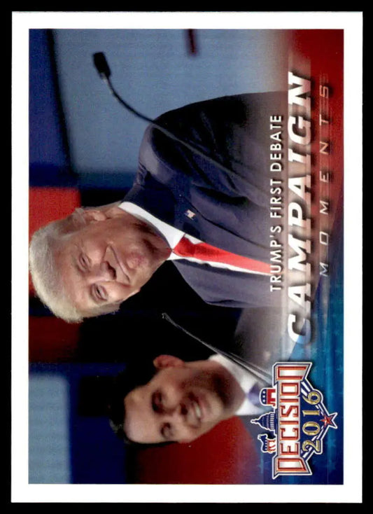 Trading card of Donald Trump with two sports commentators at a broadcast desk